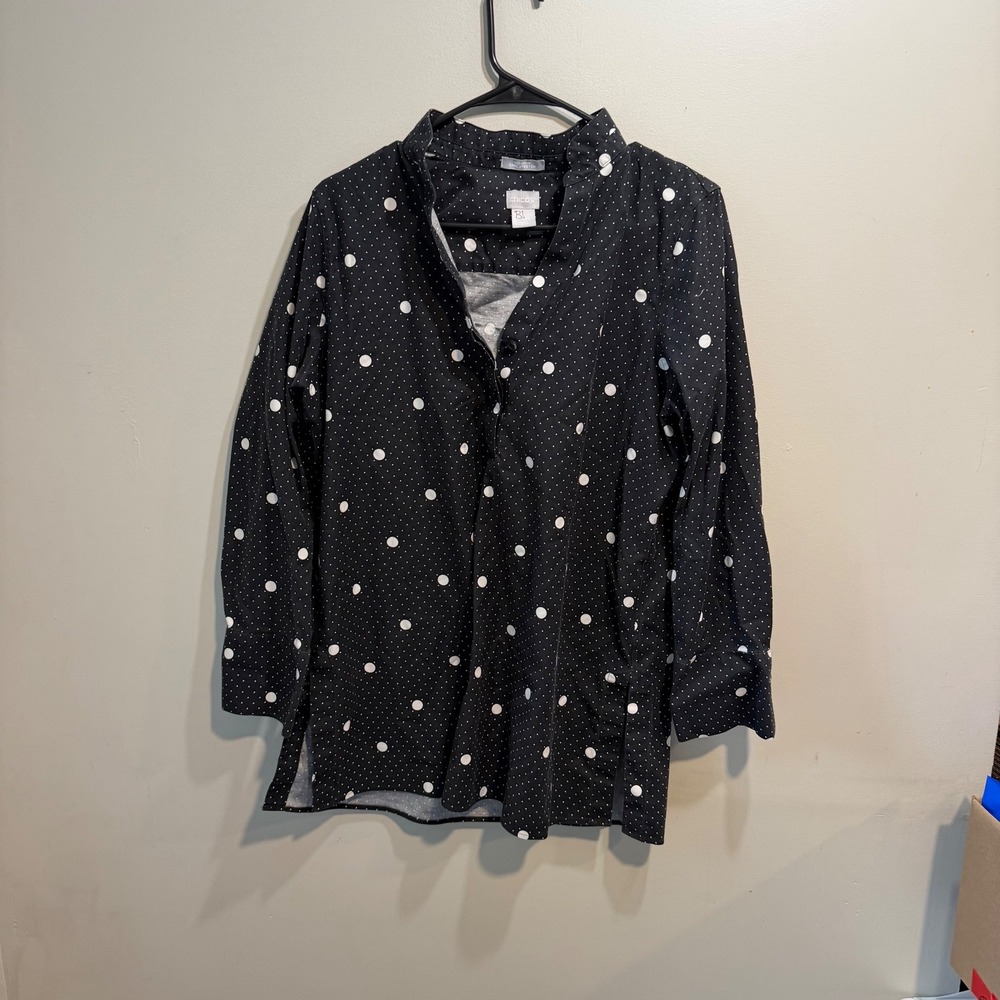 Chicos No Iron Chic Stretch Polka Dot Button Down Tunic Shirt Black White Size 1